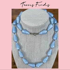 Marbleized Blue and Silver Plastic Beaded Necklace